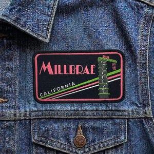 Vintage Millbrae California Patch, Retro Neon Sign Travel Souvenir Embroidered Iron On Badge, Bay Area Applique for Jackets & Bags