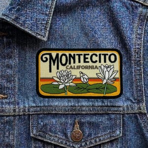 Vintage Montecito California Patch, Retro Water Lily Lotus Flower Travel Souvenir Embroidered Iron On Badge, SoCal Applique for Jackets