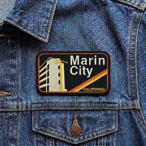 Vintage Marin City California Patch, Retro Architecture Travel Souvenir Embroidered Iron On Badge, NorCal Applique for Jackets & Backpacks