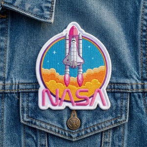 Cute Pink NASA Space Shuttle Embroidered Patch, Retro Rocket Launch Iron On Badge, Astronomy Lover Hat Jacket Applique