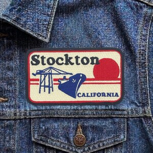Vintage Stockton California Patch, Retro Cargo Ship Travel Souvenir Embroidered Iron On Badge, Port Applique for Jackets & Backpacks