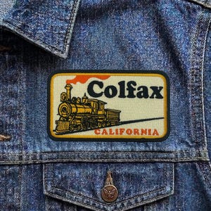 Vintage Colfax California Patch, Retro Steam Train Travel Souvenir Embroidered Iron On Badge, NorCal Rail Applique for Jackets & Backpacks