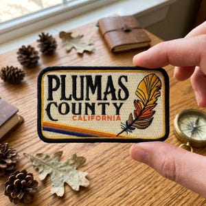 Plumas County California Patch, Retro Travel Souvenir Embroidered Iron On Badge, Vintage Feather Applique for Backpacks & Jackets