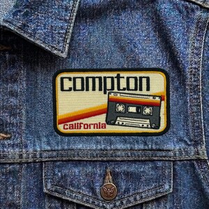 Vintage Compton California Patch, Retro Cassette Tape Travel Souvenir Embroidered Iron On Badge, SoCal Applique for Jackets & Backpacks