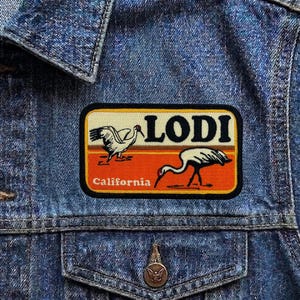 Vintage Lodi California Patch, Retro Sandhill Crane Travel Souvenir Embroidered Iron On Badge, NorCal Bird Watching Applique for Jackets