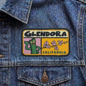 Vintage Glendora California Patch, Retro Gumby & Bougainvillea Travel Souvenir Embroidered Iron On Badge, SoCal Applique for Jackets, Bags