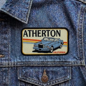 Vintage Atherton California Patch, Retro Luxury Convertible Car Travel Souvenir Embroidered Iron On Badge, Bay Area Applique for Jackets