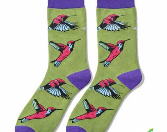 Hummingbird Print Fun Socks – Colourful Bird Crew Socks, Gift for Nature Lovers
