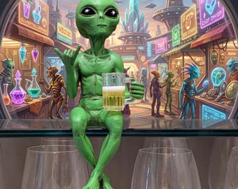 Alien Invasion “Party Alien” Male Hang Loose Beer Drinking Ledge Lounger 10 Inch H Funny Home or Garden Alien Statue