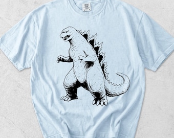 90-talsinspirerad Godzilla Kaiju-skjorta, retro japansk monster-t-shirt, minimalistisk sci-fi-grafik-t-shirt, elfenbensfärgad topp, japansk serietidning