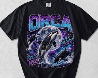 Orca Bootleg Rap-t-shirt, vintage 90-talsstil med val, späckhuggare-t-shirt med grafisk design, retro Ocean Apex Predator-kläder, unisex streetwear-present