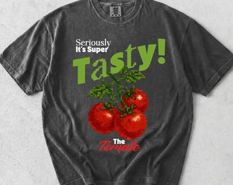 Rolig tomat-foodie-tröja, retro pixelkonst-kocktröja, det är supergod matgrafik-t-shirt, kulinarisk humorgåva, söta gourmetkomfortfärger