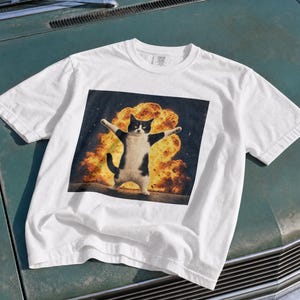 Puede incluir: Una camiseta blanca de manga corta con un estampado gr&aacute;fico cuadrado en el pecho. El gr&aacute;fico muestra a un gato blanco y negro de pie sobre sus patas traseras con los brazos extendidos frente a una gran explosi&oacute;n de color naranja y amarillo.
