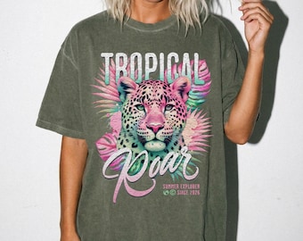 Tropisk vrål leopardgrafik-tröja, vintage sommarupptäcktsskjorta, botaniska kläder för stora katter