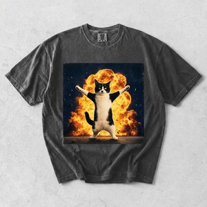 Puede incluir: Una camiseta de manga corta gris carb&oacute;n con un estampado gr&aacute;fico de un gato blanco y negro de pie sobre sus patas traseras con los brazos extendidos frente a una gran explosi&oacute;n naranja y amarilla sobre un fondo oscuro.