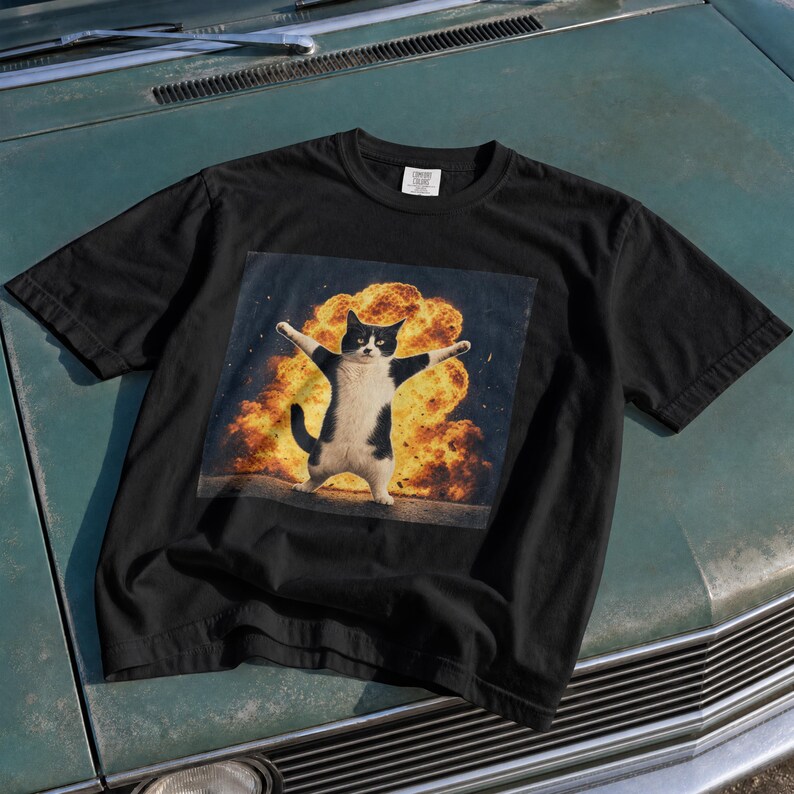 Puede incluir: Una camiseta negra de manga corta con un estampado gr&aacute;fico de un gato blanco y negro de pie con los brazos extendidos frente a una gran explosi&oacute;n de color naranja y amarillo brillante. La prenda tiene cuello redondo y una etiqueta blanca.