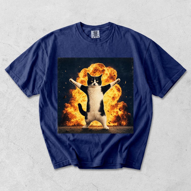Puede incluir: Una camiseta azul marino con un estampado gr&aacute;fico de un gato blanco y negro de pie con los brazos extendidos frente a una gran explosi&oacute;n de color naranja y amarillo brillante. El gato tiene el pecho y la cara blancos con manchas negras.