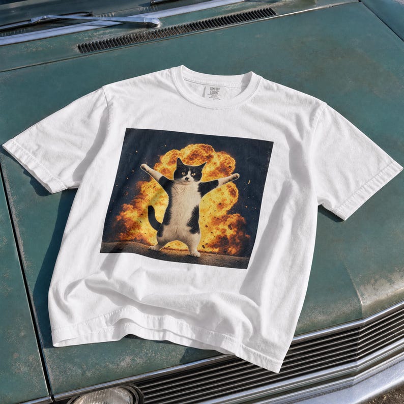 Puede incluir: Una camiseta blanca de manga corta con un estampado gr&aacute;fico cuadrado en el pecho. El gr&aacute;fico muestra a un gato blanco y negro de pie sobre sus patas traseras con los brazos extendidos frente a una gran explosi&oacute;n de color naranja y amarillo.