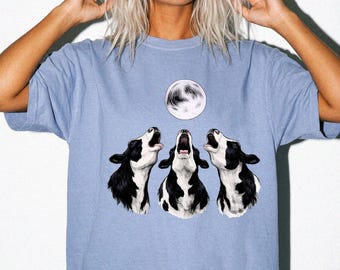 Ko som ylar vid månen Vintage 90-talsgrafik T-shirt | Retro bondgårdsdjur Country Western-gåva | Tre kors måne-t-shirt | Rolig koälskare-tröja