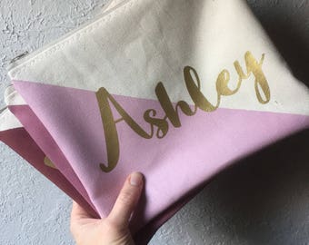 Personalized name color block BRIDESMAID Zipper Pouch Clutch Make up bag diaper bag accessory Custom colors MAUVE burgundy rose blush gold