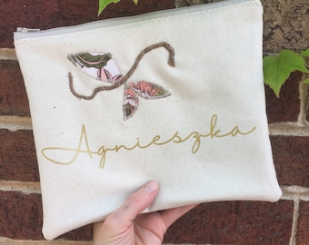 Personalized floral vine BRIDESMAID Zipper Pouch Clutch Make up bag diaper bag accessory canvas burgundy blush gold