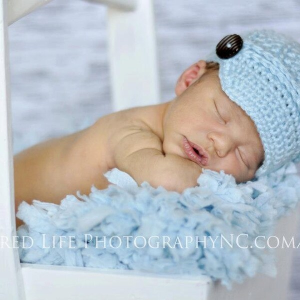 READY TO SHIP - Crochet Baby Hat - Boy Newsboy Hat -Baby Blue with wooden button - Ready to Ship - newborn