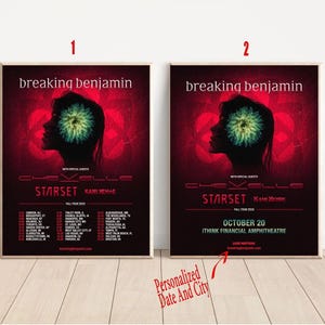 May include: Two framed concert posters featuring Breaking Benjamin, Chevelle, Starset, and Kami Kaze. The posters have a red background with a silhouette of a person and a floral design. One poster lists tour dates, the other has a specific date and venue.