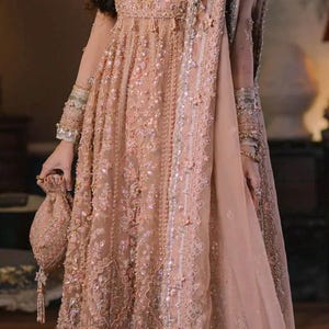 Pakistani indian organza  dull peech net dress  maxi made on custom order