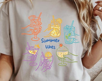 Comfort Colors® Summer Vibes Shirt, Cute Cocktail Shirt, Beach Drink Tee, Girls Trip Shirt, Vacation Shirt, Colorful Line Art Tee