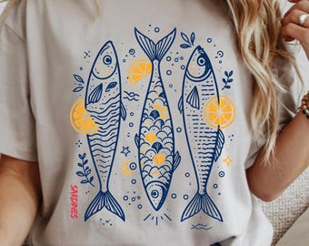 Comfort Colors® Sardine Fish Shirt, Coastal Summer Tee, Mediterranean Aesthetic Shirt, Seafood Lover Gift, Beach Graphic Tee