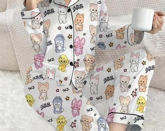 Kawaii Skzoo Satin Pajama Set, Stray Kids Kpop Sleepwear PSN1362