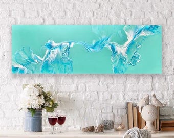 Abstract Ocean Painting on Canvas: Coastal Aqua Blue Wall Art