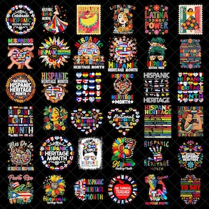 May include: A collection of colorful Hispanic Heritage Month designs. The images feature various graphics, including flags, floral elements, and text. The designs are displayed on a black background, celebrating Hispanic culture.