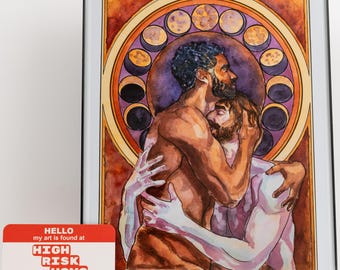 Akvarell konsttryck med homosexuellt par, astrologiväggkonst, HBTQ+-heminredning