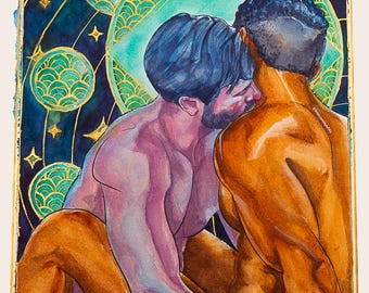 Akvarell konsttryck med homosexuellt par, astrologiväggkonst, HBTQ+-heminredning