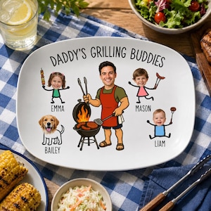 May include: A white oval ceramic serving platter featuring the text DADDY'S GRILLING BUDDIES and a cartoon illustration of a person grilling, surrounded by stick-figure drawings of children named Emma, Mason, and Liam, and a dog named Bailey.