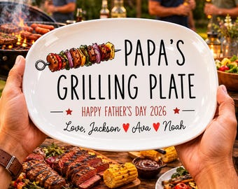 Personalized Papa Grilling Plate, Custom BBQ Serving Tray for Dad, Father's Day Gift from Kids, Grill Master Platter for Papa