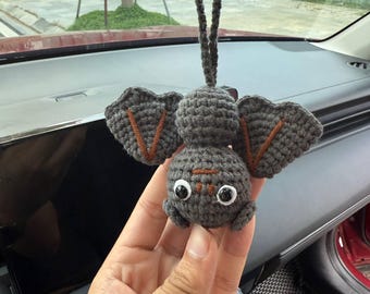 Crochet Bat Car Mirror Hanging, Gothic Car Accessories, Spooky Rear View Mirror Charm, Cute Amigurumi Bat, New Driver Gift
