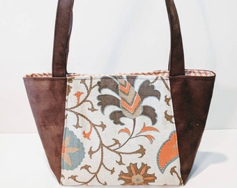 Tote Bag / Floral Bag / Brown Orange  Floral Tote / Purse / Custom Made Bag