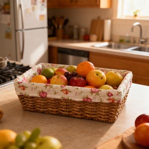 May include: A rectangular woven basket filled with various fruits, including oranges, apples, and grapes. The basket has a floral patterned fabric lining with pink roses and green leaves. The basket is on a light-colored countertop.
