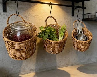 3-Pack Handwoven Wicker Wall Hanging Baskets with Hooks, Kitchen Storage Organizers for Vegetable Onion Potato, Decorative Basket for Plants
