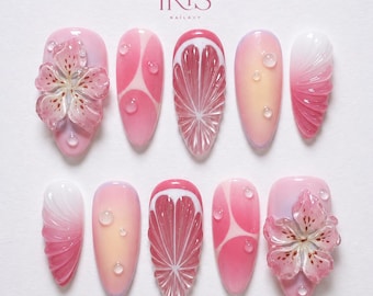 Unhas Postiças Florais 3D de Verão | Unhas Cítricas com Flores Rosas | Conjunto de Unhas Jelly com Efeito Gota de Água | Unhas Postiças Artesanais Fofas