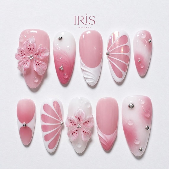 Pink Ombre Press On Nails 3D Flower Design | Cherry Blossom Nails | Romantic Coquette Nail Set | Soft Feminine Bridal Nails