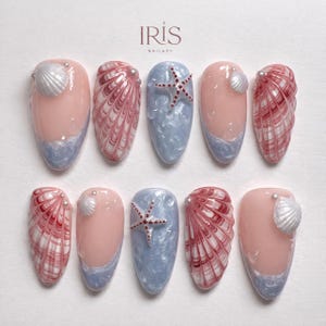 Ongles à presser perle bleue avec coquillage et étoiles de mer 3D | Conception de mer d'été