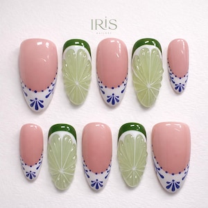 Lime Press On Nails with Mediterranean French Tip | Kawaii Summer Fruit Design