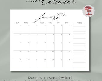 Printable 2026 Monthly Calendar, Sunday/Monday Start, Notes Section (Digital Download)