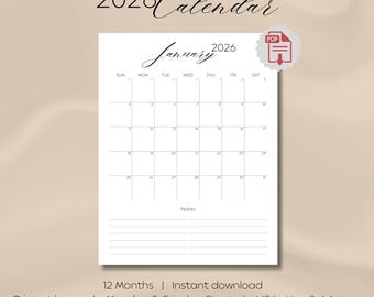 Printable 2026 Monthly Calendar, Notes Section, Sunday/Monday Start (Digital Download)