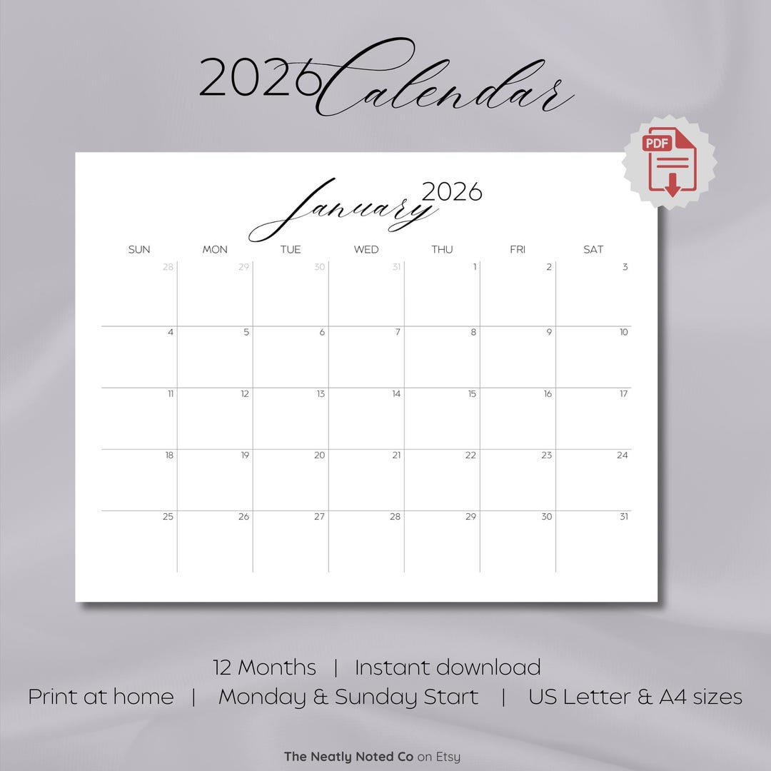 Printable 2026 Minimalist Monthly Calendar, Landscape US Letter & A4 ...