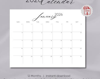 Printable 2026 Monthly Calendar, Sunday/Monday Start, Landscape US Letter & A4 (Digital Download)