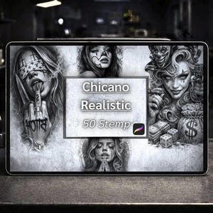 Peut inclure: Une tablette numérique affiche de l'art réaliste de style Chicano en niveaux de gris. L'œuvre comprend des portraits de femmes avec du maquillage de clown, une femme avec un bandeau et une femme avec un couteau. Le texte sur la tablette indique "Chicano Realistic 50 Stemp."